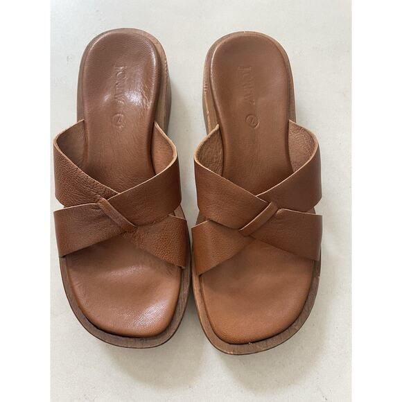 J. Crew Sandals Flats Shoes Thongs Leather Wooden Brown FLAW - Picture 2 of 11